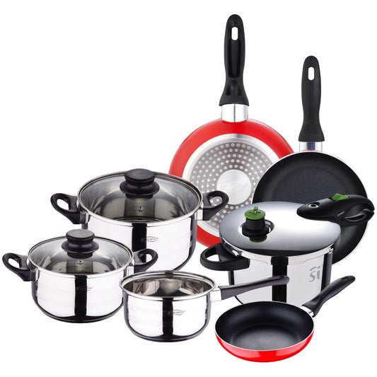Batería De Cocina 5 Piezas Acero Inoxidable + Set 3pcs Sartenes 16/20/24 Rojo + Olla A Presión 22cm 5l San Ignacio_0