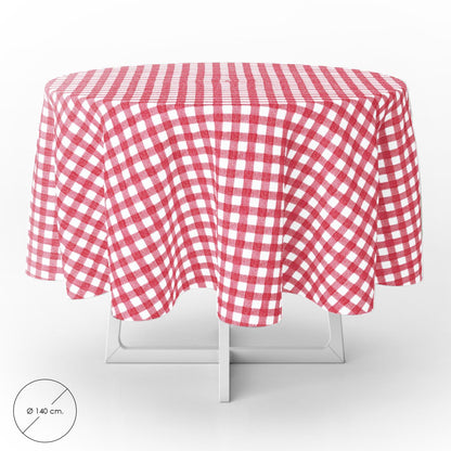Mantel Hule Redondo Cuadros Rojos Impermeable Antimanchas Pvc Ø140 Cm. Uso Interior Y Exterior_0