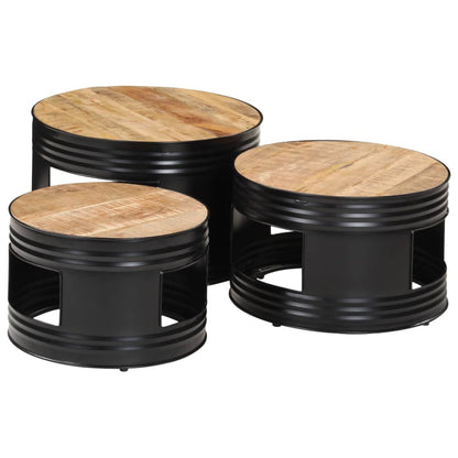 Mesas Altas De Bar Forma Tambor 3uds Madera Maciza Mango Rugosa_1