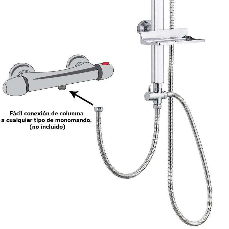 Columna Ducha Universal Multifuncional Completa Cuadrada, Acero Cromado, Rociador Alcachofa Efecto Lluvia 22,5x22,5 Cm.
