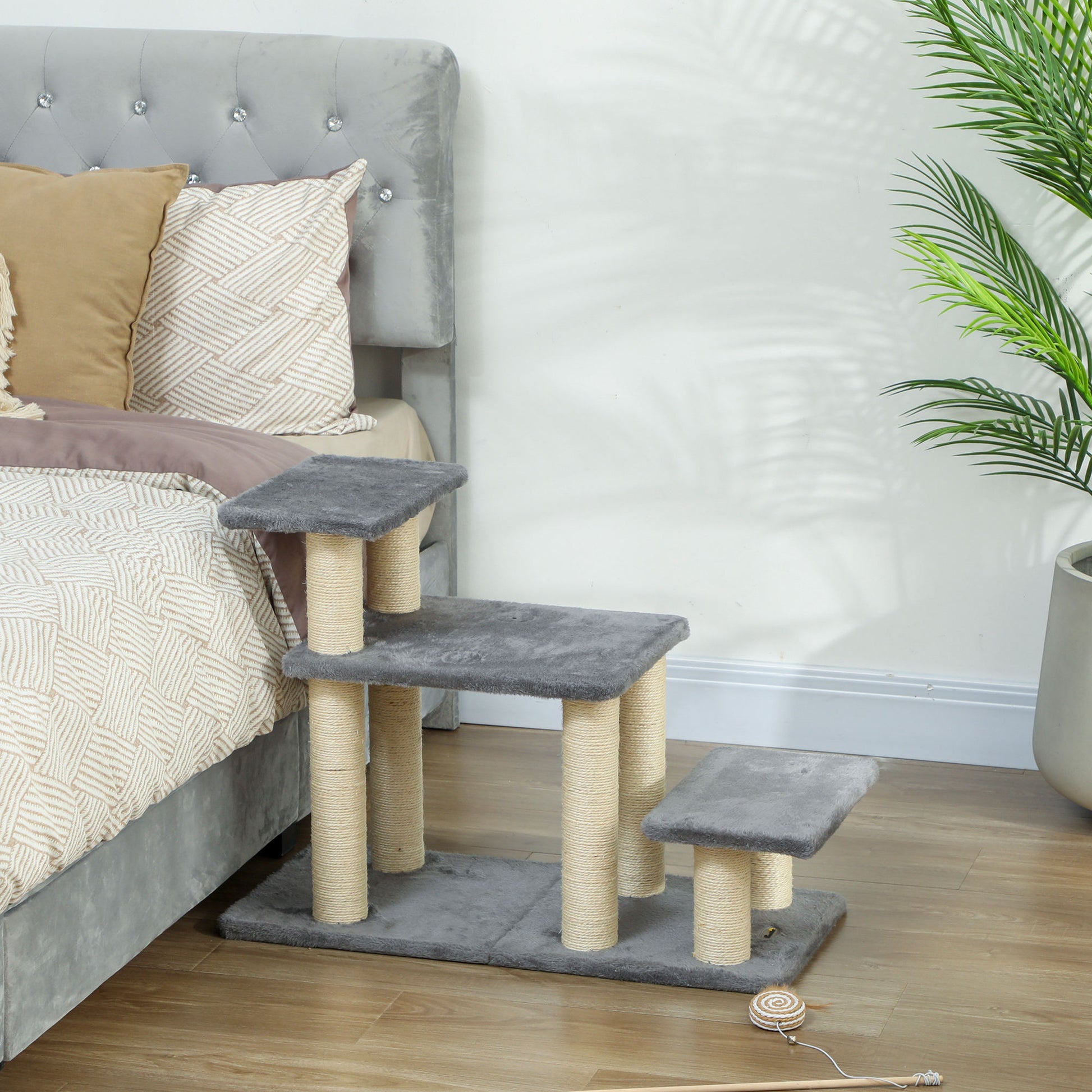 Pawhut Escalera Para Mascotas Ajustable De 3/4 Peldaños Con Bola Colgante Gris_4