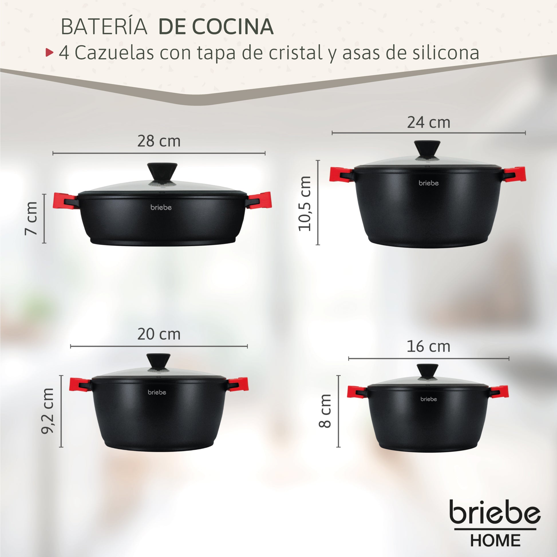 Briebe Batería Cocina Inducción Antiadherente Titanio, 8 Piezas Aluminio Fundido 4 Ollas Sin Pfoa Tapa, Blackt4b, Negro_2
