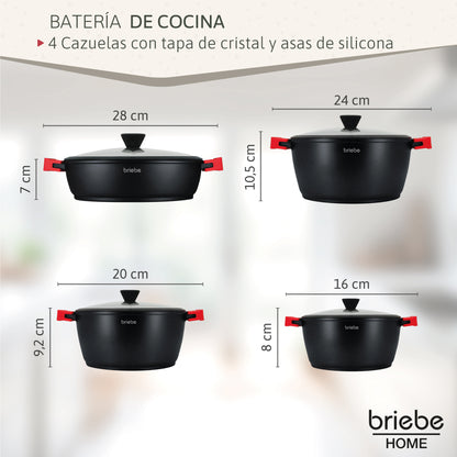 Briebe Batería Cocina Inducción Antiadherente Titanio, 8 Piezas Aluminio Fundido 4 Ollas Sin Pfoa Tapa, Blackt4b, Negro_2