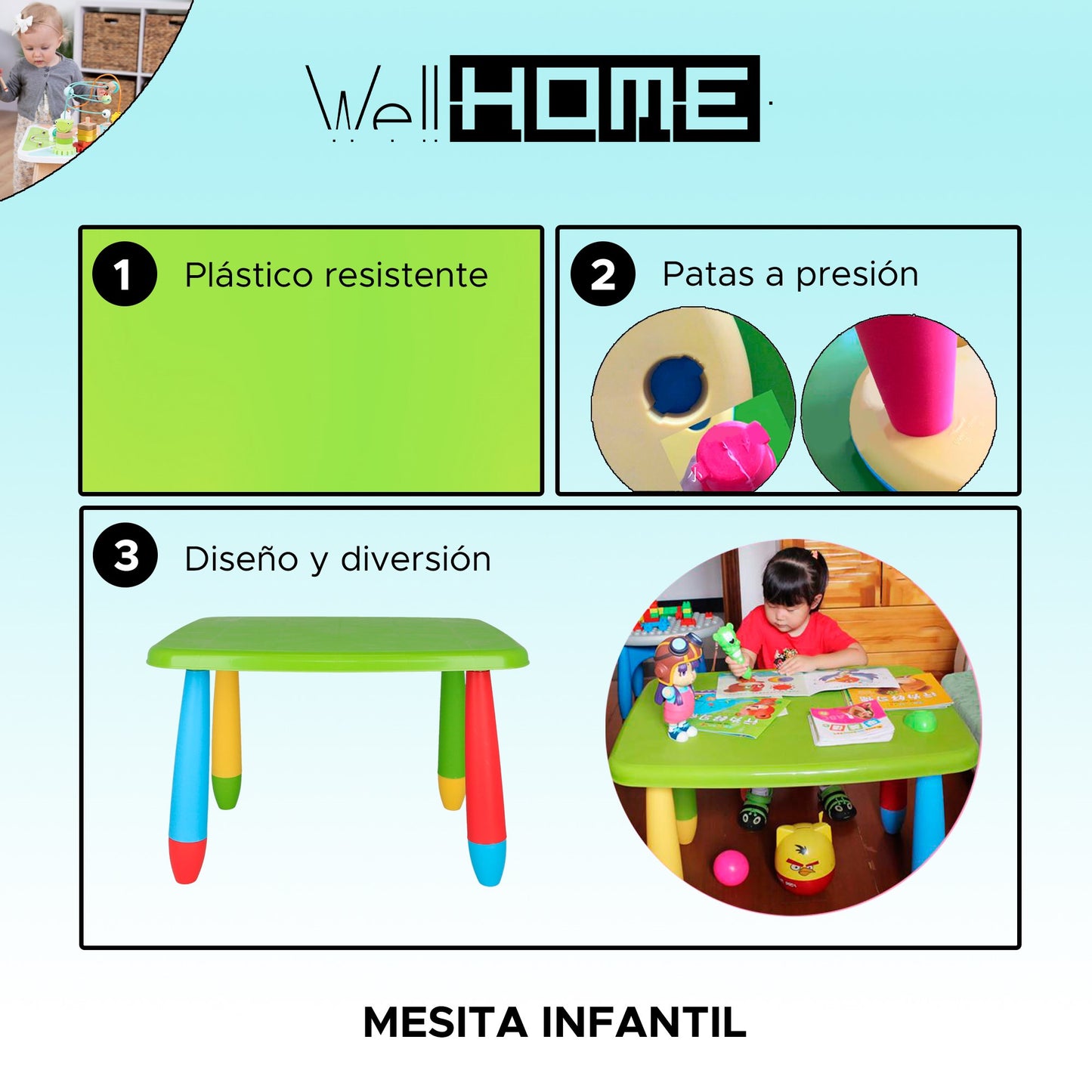 Mesita Infantil Rectangular Verde, Y 2 Sillas_1