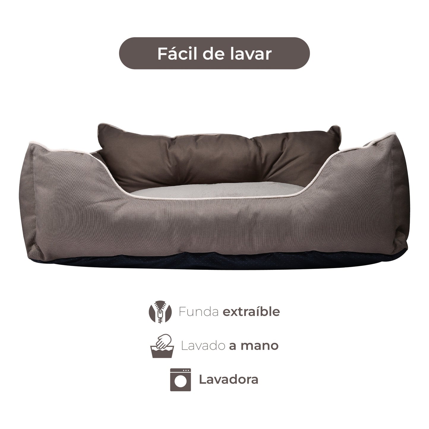 Cama Para Mascota 90x70x28cm Marrón + Comedero Doble De Acero En Bambú