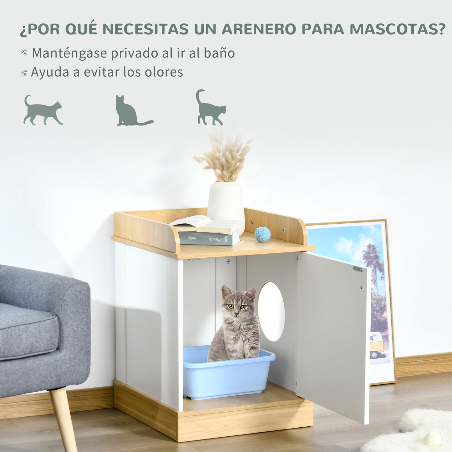 Pawhut Casa Gatos De Madera Mueble Arenero Estante Puerta Y Entrada 48,5x53x67cm_5