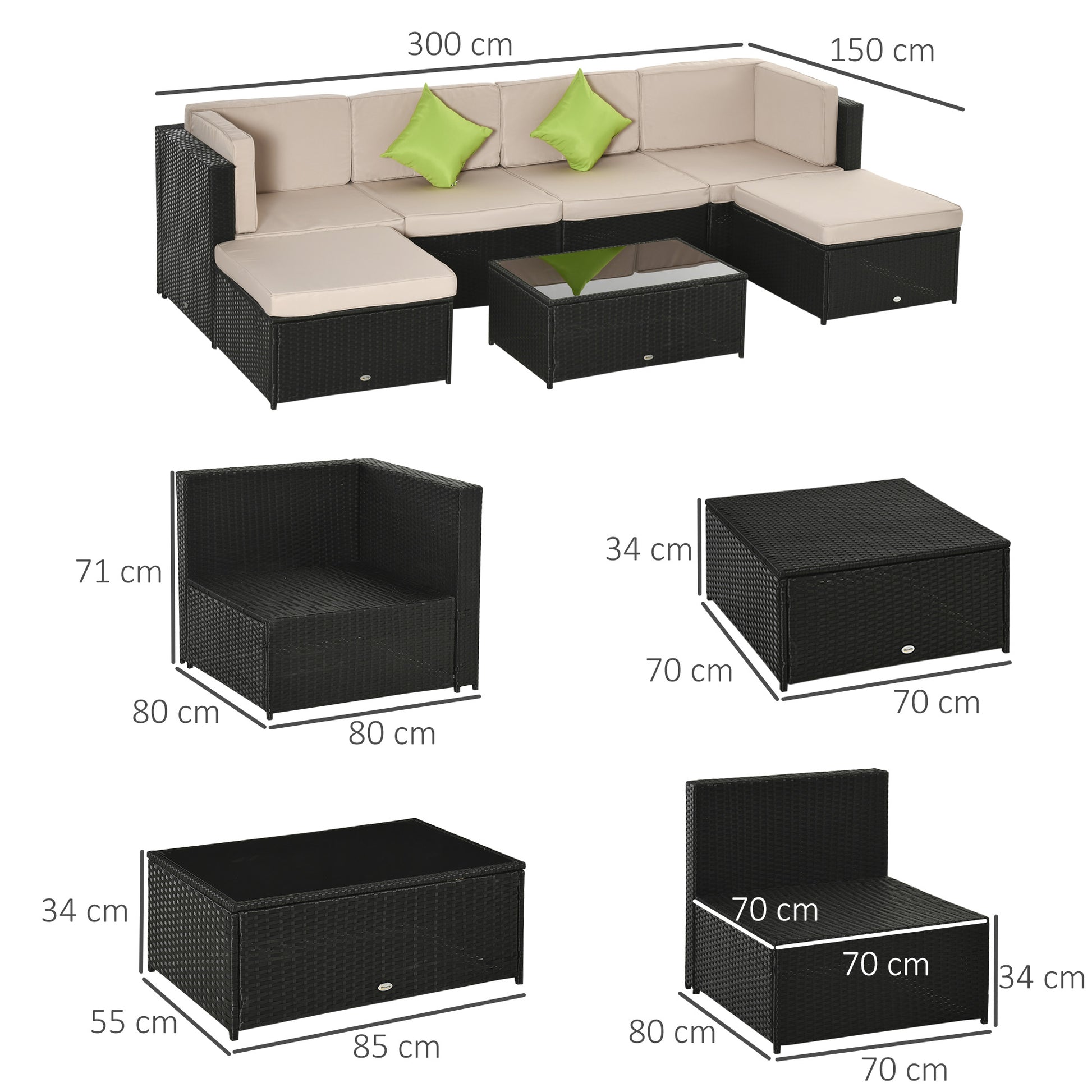 Outsunny Conjunto Muebles De Jardín De Ratán 7 Piezas Mesa Sofás Taburetes Con_2