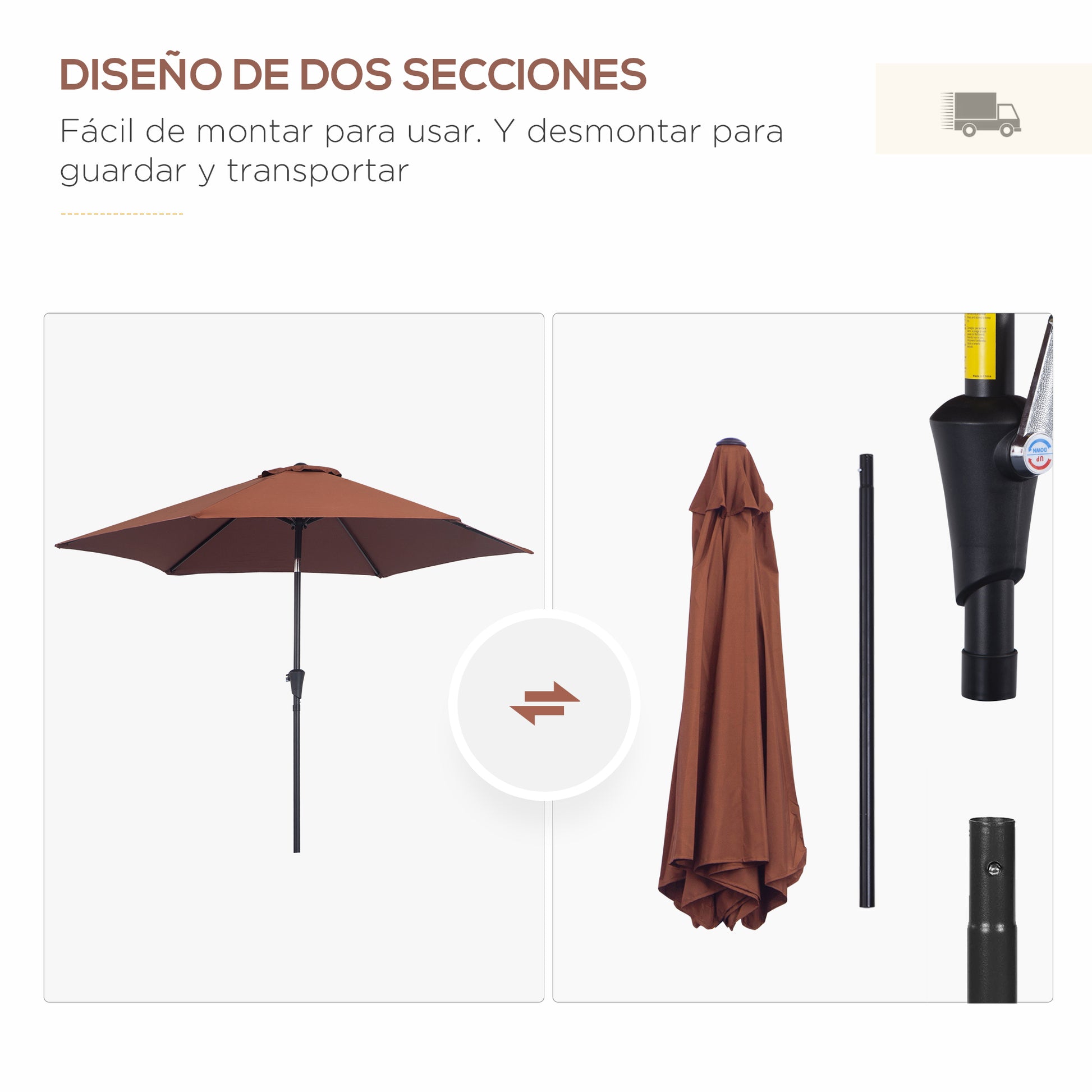 Outsunny Sombrilla Para Jardín Ø260x235 Cm Parasol De Aluminio Reclinable Café_5