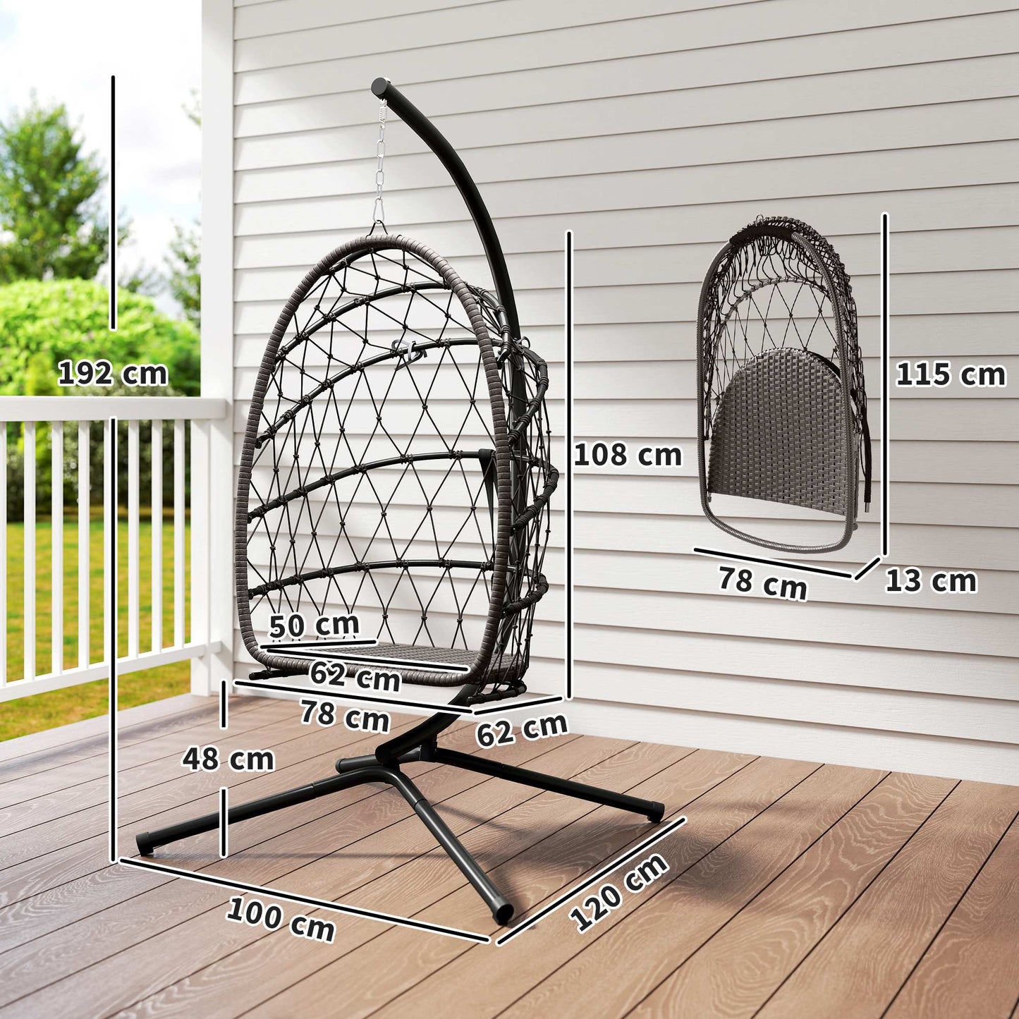 Outsunny Silla Colgante Huevo Con Soporte Cesta Plegable Cojín Marrón_2