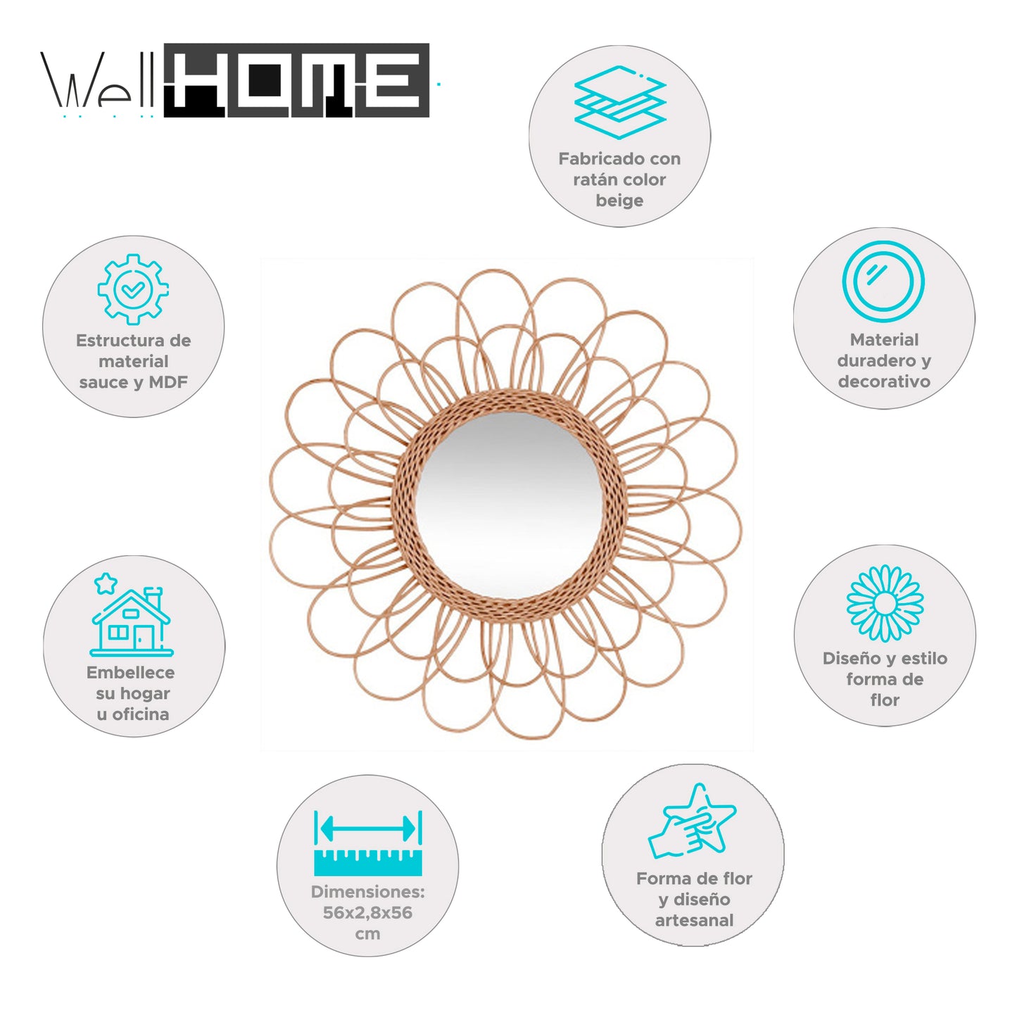 Wellhome Espejo Flor De Ratán D.56cm