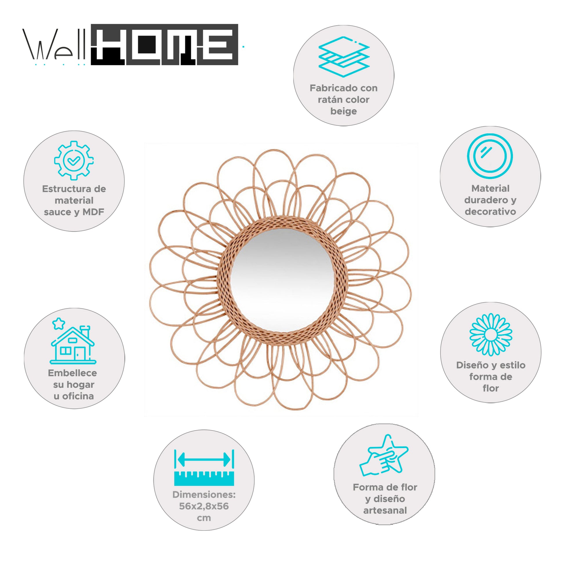 Wellhome Espejo Flor De Ratán D.56cm
