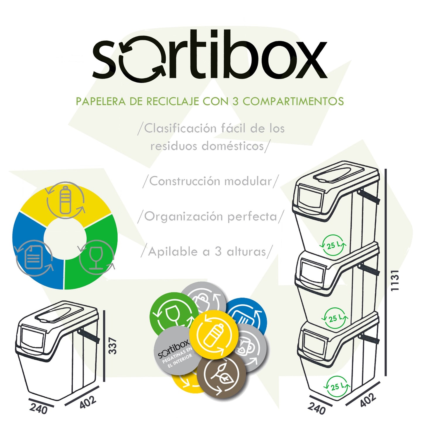 Set De 3 Cubos De Basura Keden Sortibox Para Reciclado, Gris, Volumen 3x25l_3