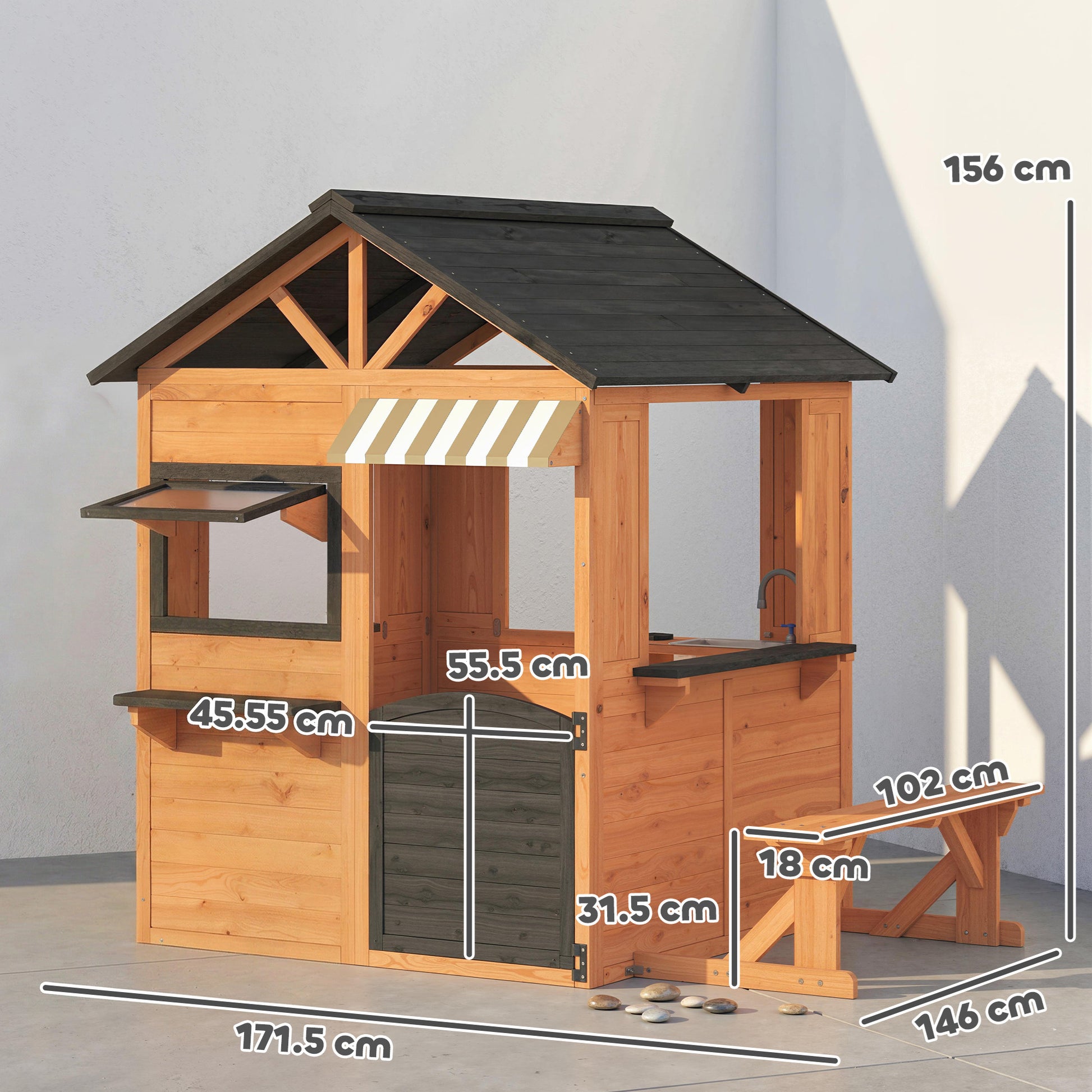 Aiyaplay Casita Infantil Exterior De Madera Con Cocina De Juguete Y Banco Marrón_2