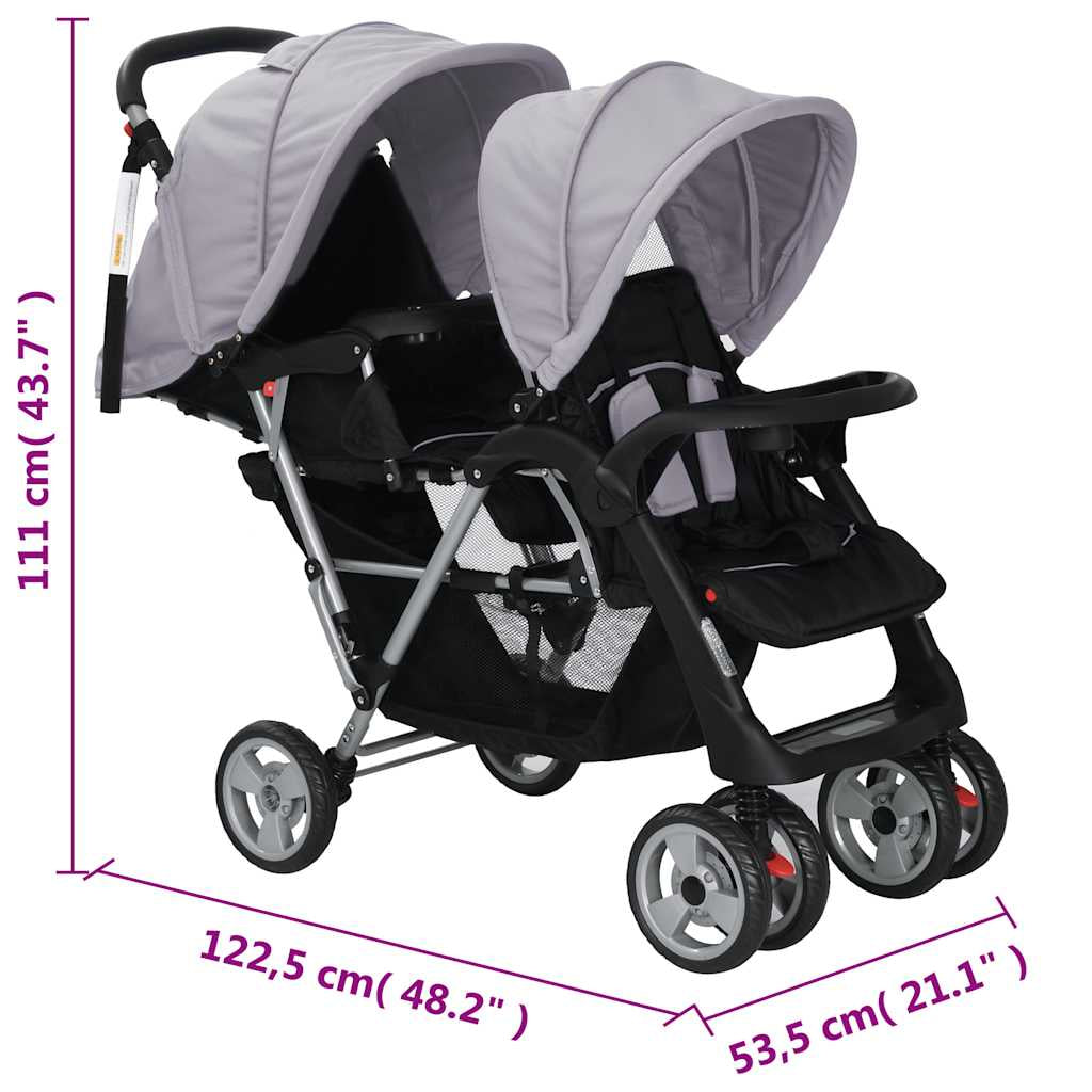 Vidaxl Carrito Para 2 Niños Tandem De Acero Gris Y Negro_2