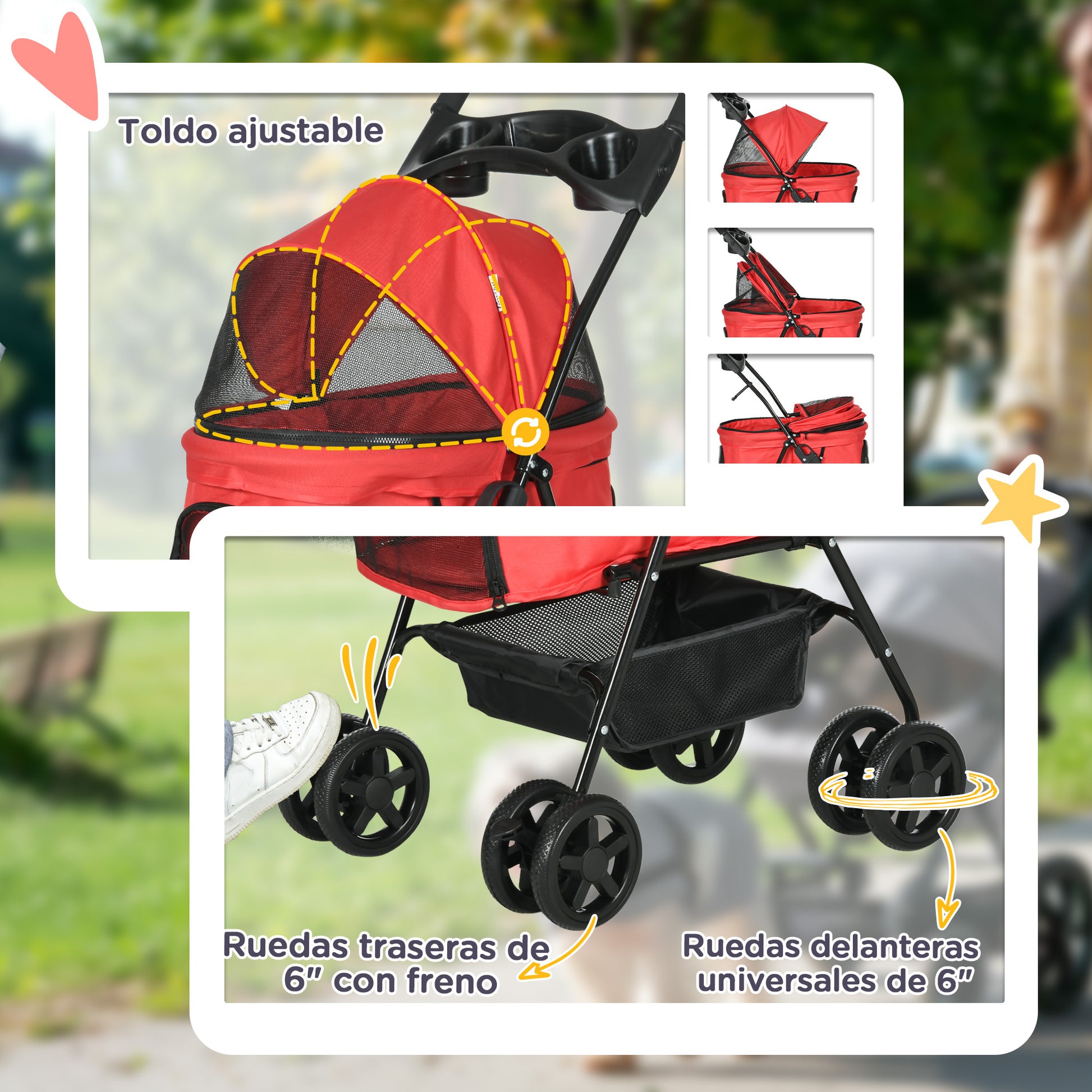 Pawhut Cochecito Para Perros Plegable Con Ruedas Universales 67x45x96 Cm Rojo_5