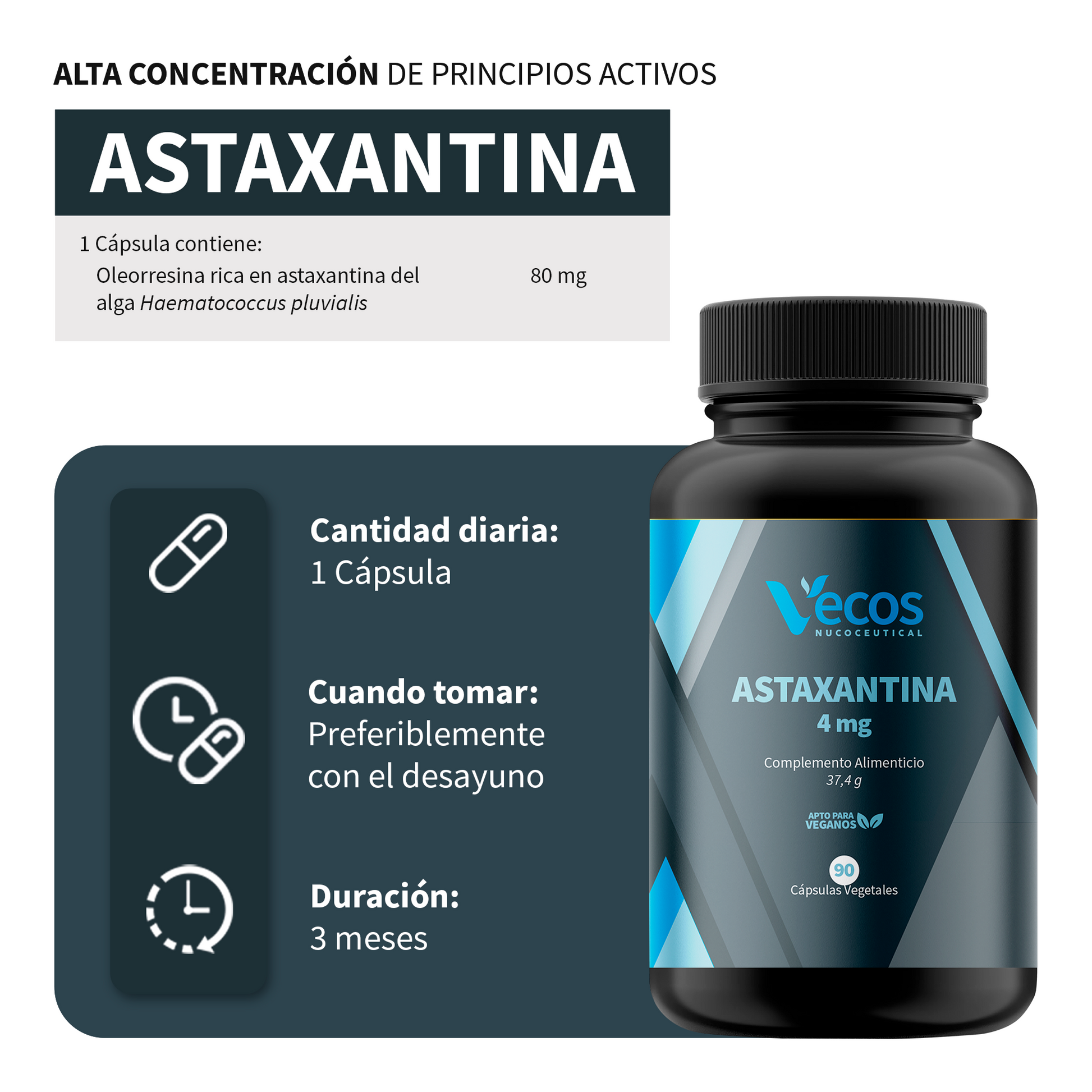 Astaxantina Natural 4 mg VECOS (90 cápsulas) | Protección antioxidante potente | Microalga Haematococcus pluvialis_2