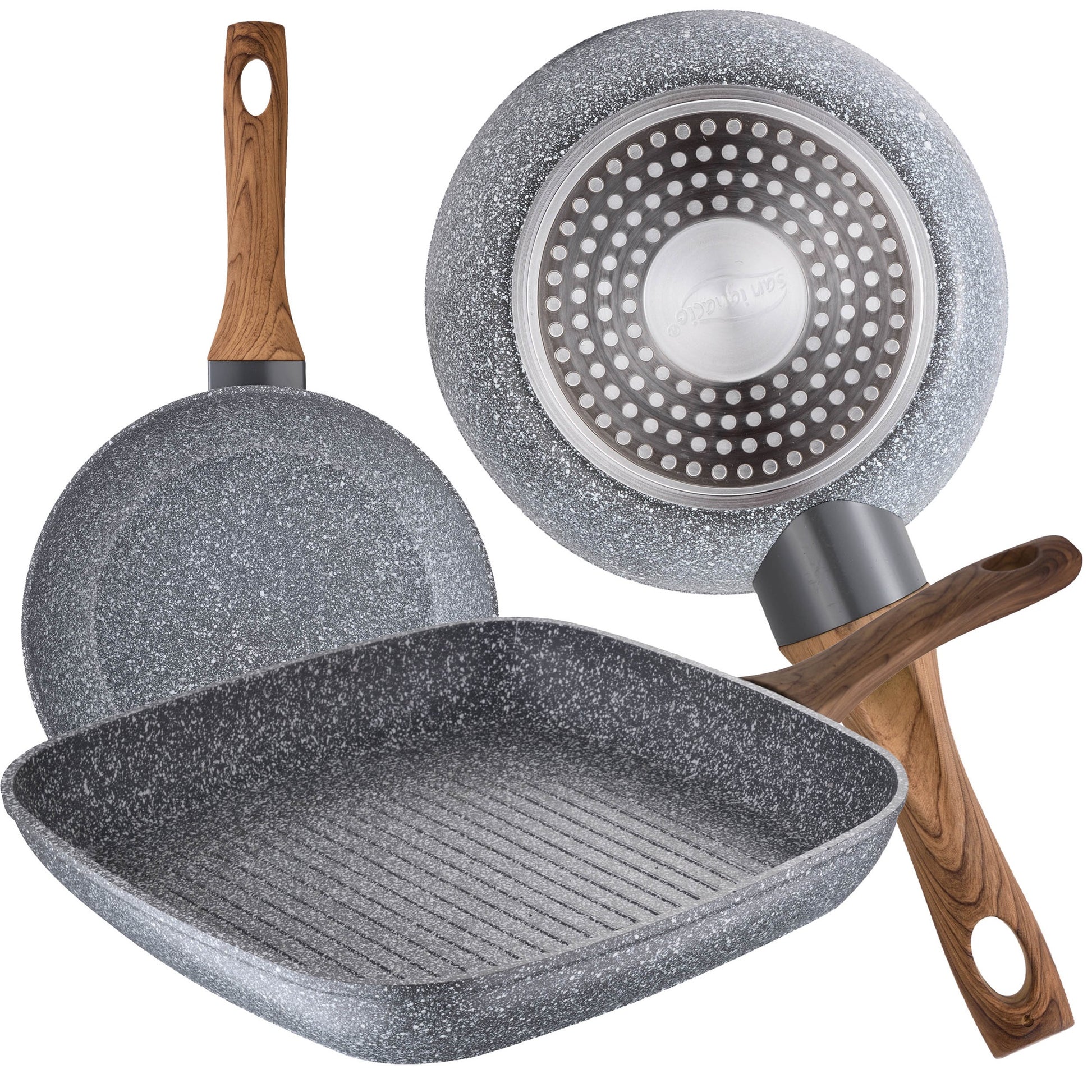 Set 2 Sartenes Ø18 Ø22 Y Asador Grill 28x28 Cms, Daimiel, Aluminio Forjado, Inducción_0
