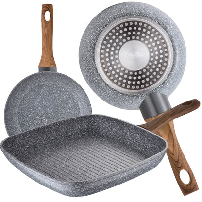 Set 2 Sartenes Ø18 Ø22 Y Asador Grill 28x28 Cms, Daimiel, Aluminio Forjado, Inducción_0