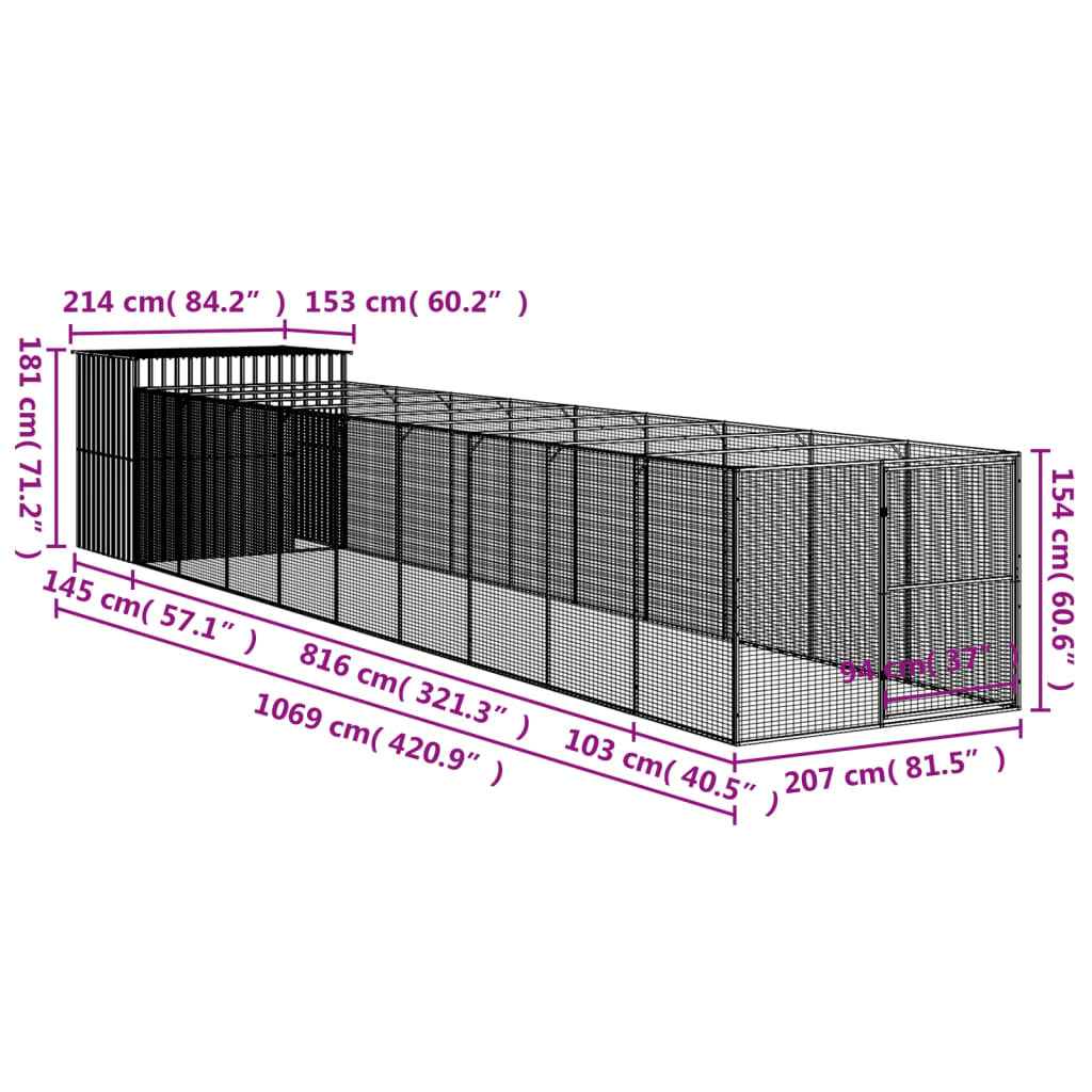 Vidaxl Caseta Perros Con Corral Acero Galvanizado Gris 214x1069x181 Cm_2