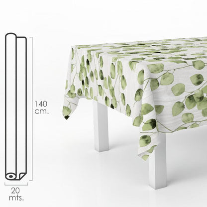 Mantel Hule Rectangular Hojas Verdes. Impermeable Antimanchas Pvc 140 Cm. X 20 Metros. Rollo Recortable. Interior Y Exterior