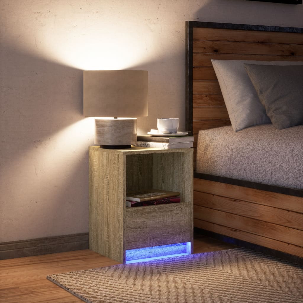Mesita De Noche Con Luces Led Madera De Ingeniería Roble Sonoma_3