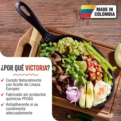 Victoria Sartén Fajitas Hierro Fundido Curado Inducción 25cm, Apta Fuego, Barbacoa, Cast Iron Skillet, 37345, Negro_1