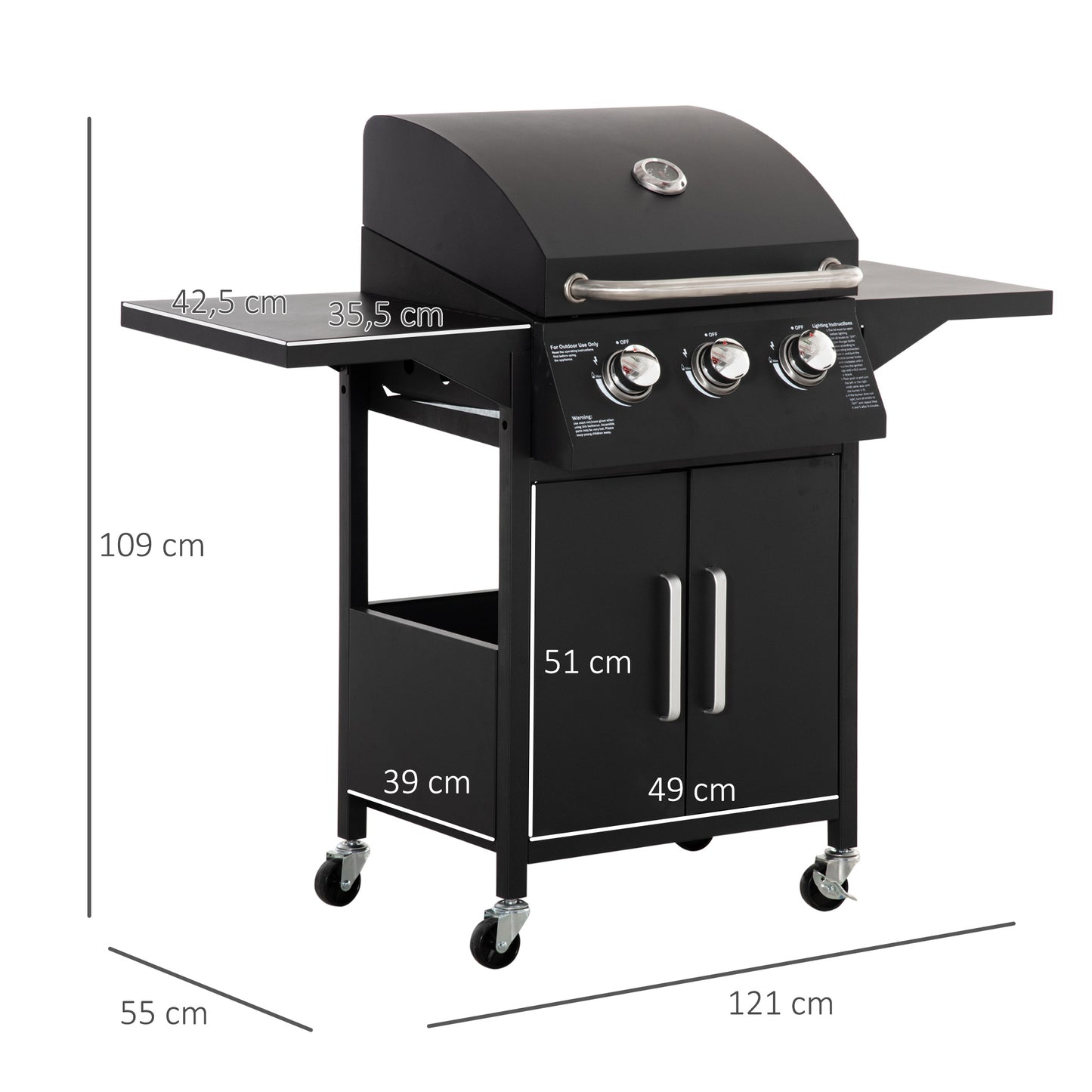 Outsunny Barbacoa De Gas Bbq Con 3 Quemadores 2 Mesas Laterales Armario 4 Ruedas_2