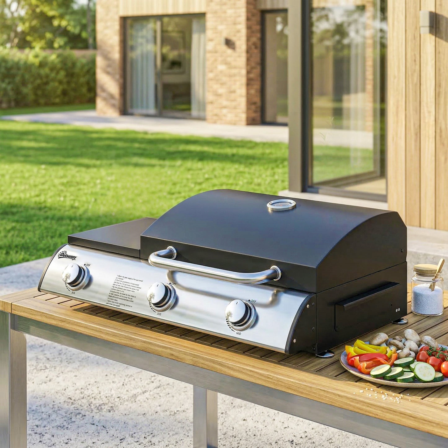 Outsunny Barbacoa De Gas Bbq Gas Con 3 Quemadores 7,5 Kw Con Plancha Negro_1
