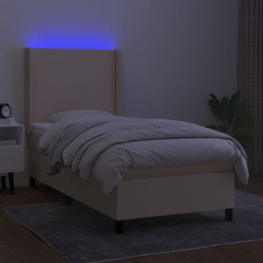 Cama Box Spring Colchón Y Luces Led Tela Color Crema 90x190 Cm / Vetonek_0