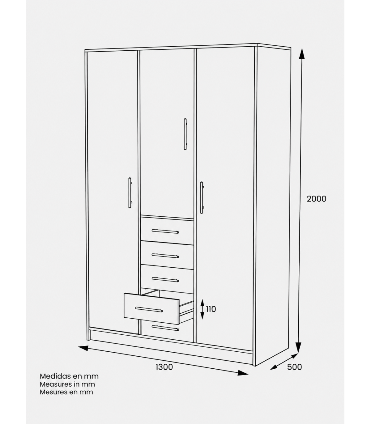 Armario 3 Puertas Abatibles 5 Cajones Acabado Roble Cortez, 200 Cm(alto)130 Cm(ancho)50 Cm_3