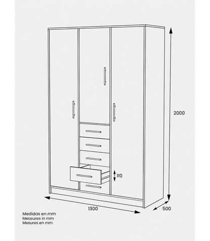 Armario 3 Puertas Abatibles 5 Cajones Acabado Roble Cortez, 200 Cm(alto)130 Cm(ancho)50 Cm_3