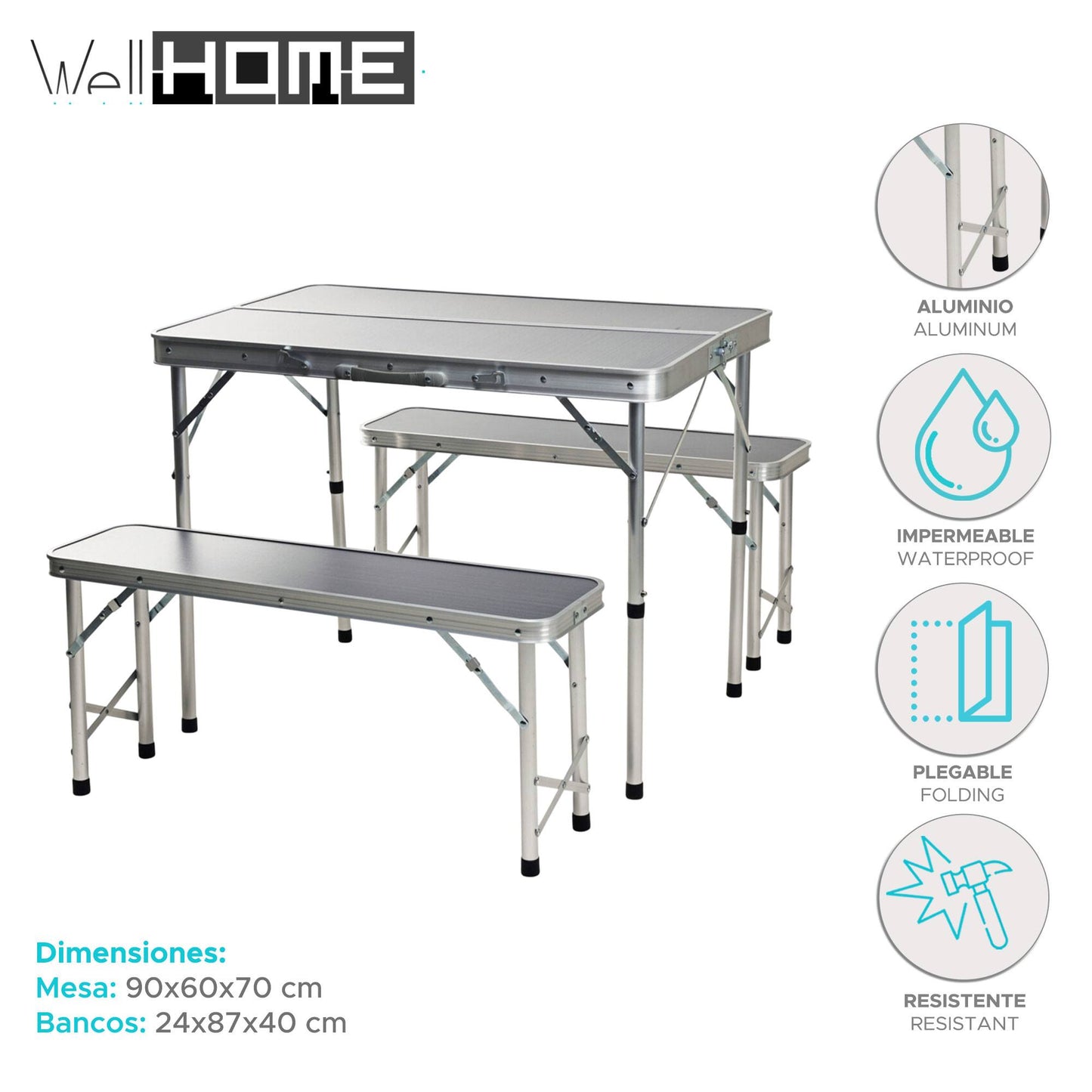 Well Home Juego De Pic-nic Para Camping Con Mesa Y 2 Bancos