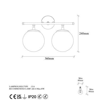 Aplique De Pared Pantalla Transparente, Metal , Negro, 36x24x16, Casquillo 2 X E14 Max 40 W_1