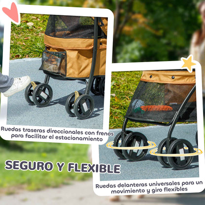 Pawhut Carrito Para Perros Plegable Con Ventanas De Malla Cojín Lavable Café_4