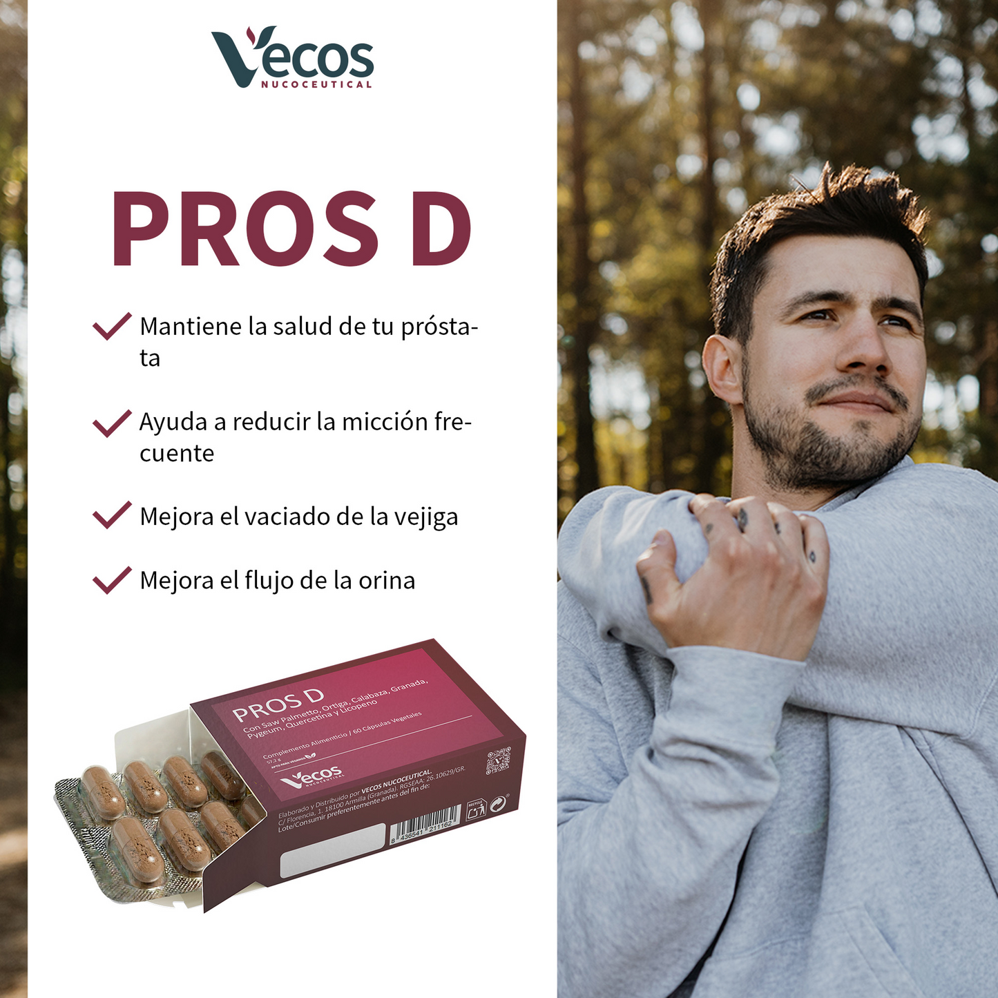 Pros D Vecos 60 Cápsulas | Función Urinaria Y Salud Masculina | Saw Palmetto, Zinc Y Vitamina D_3