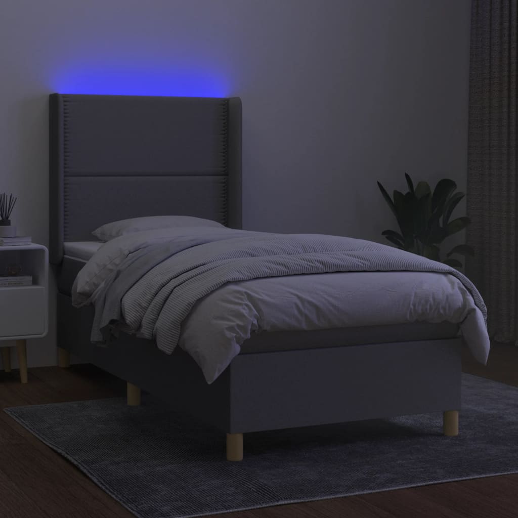Cama Box Spring Colchón Y Luces Led Tela Gris Claro 90x190 Cm / Vetonek_4