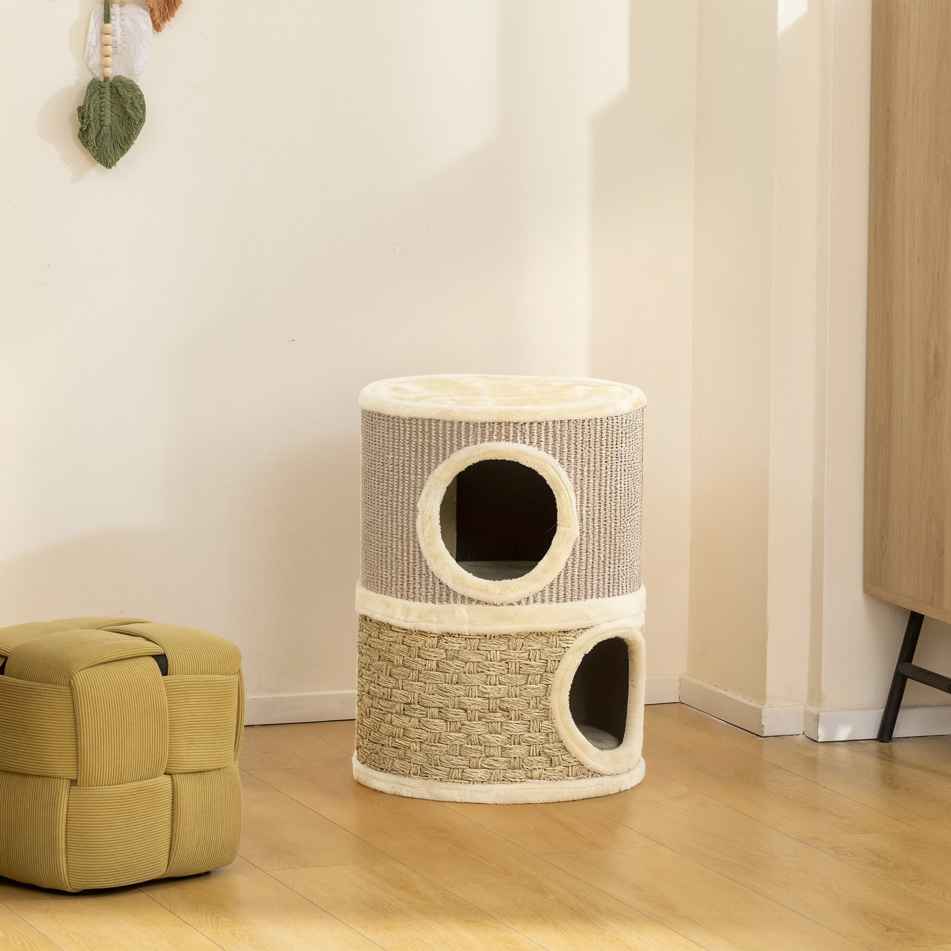 Pawhut Barril Rascador Para Gatos De 2 Niveles 49 Cm Con Cama Caqui Y Café_1