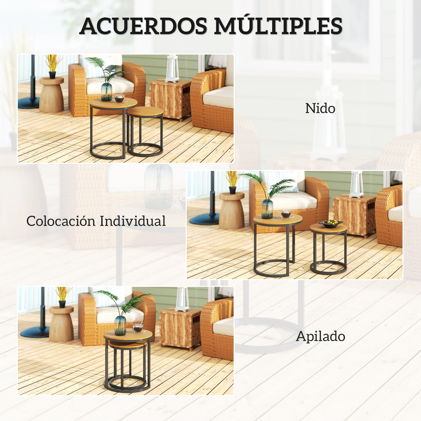 Outsunny Juego De 2 Mesas De Jardín Con Encimera De Madera Diseño Listones Teca_3