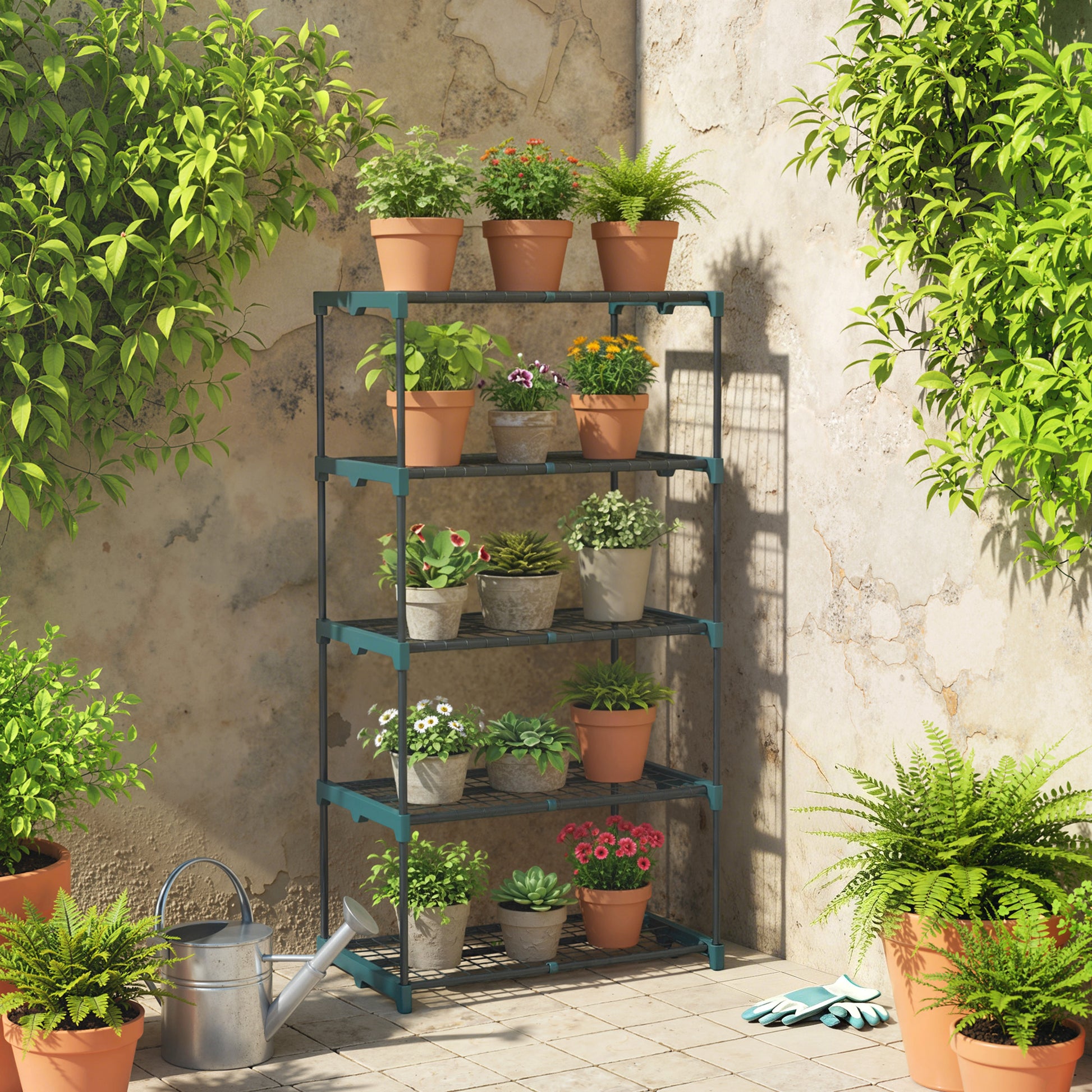 Outsunny Soporte Para Plantas De 5 Niveles De Acero 67x49x138 Cm Verde Oscuro_1