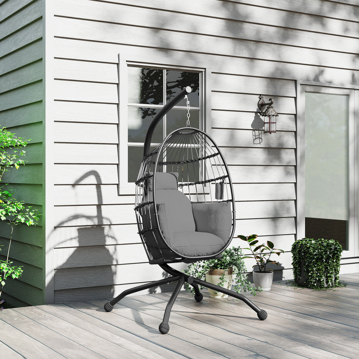 Outsunny Silla Colgante Huevo Con Soporte Cesta Plegable Cojín Carga 120kg Gris_3