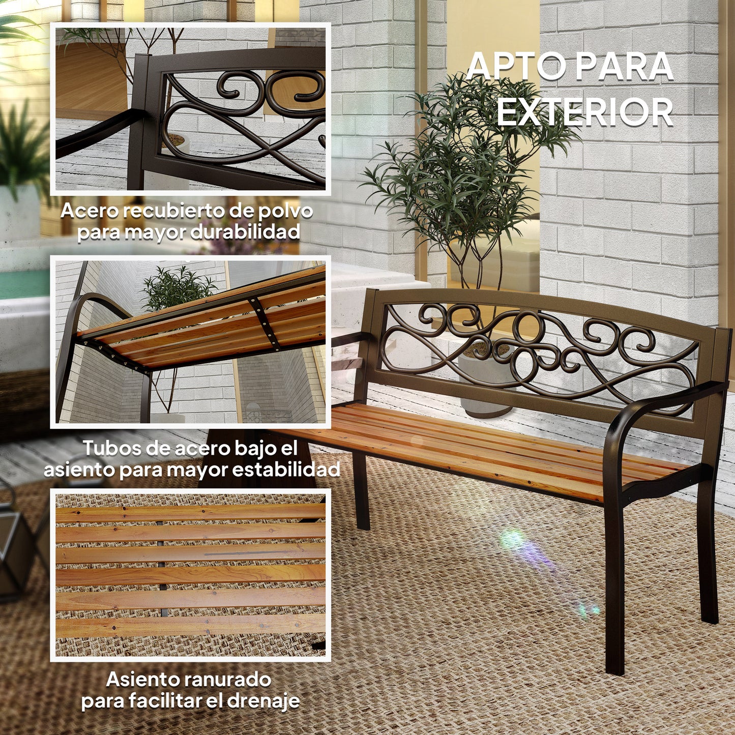 Outsunny Banco De Jardín Exterior De 2 Plazas 127x56x80 Cm Negro Y Natural_4