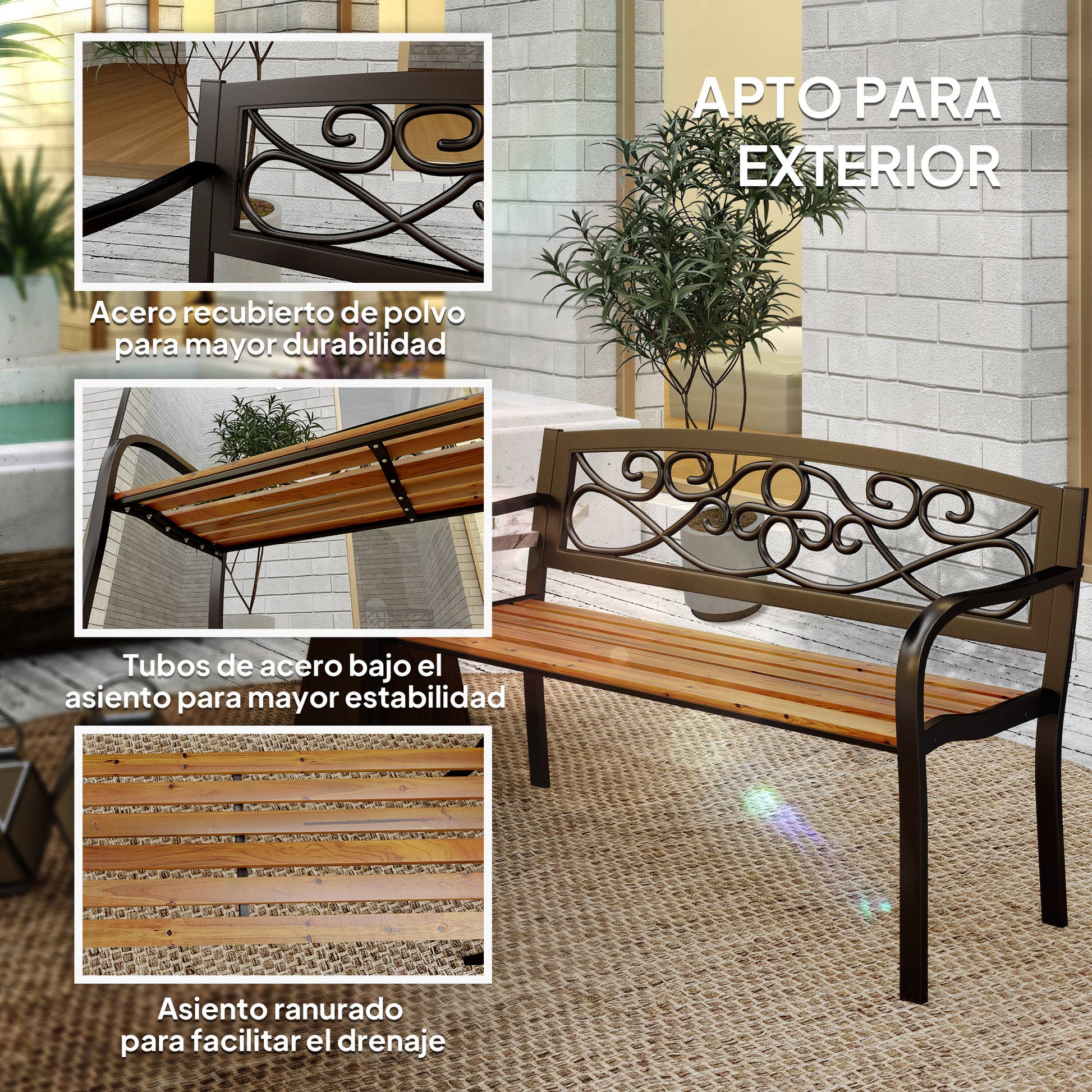 Outsunny Banco De Jardín Exterior De 2 Plazas 127x56x80 Cm Negro Y Natural_4