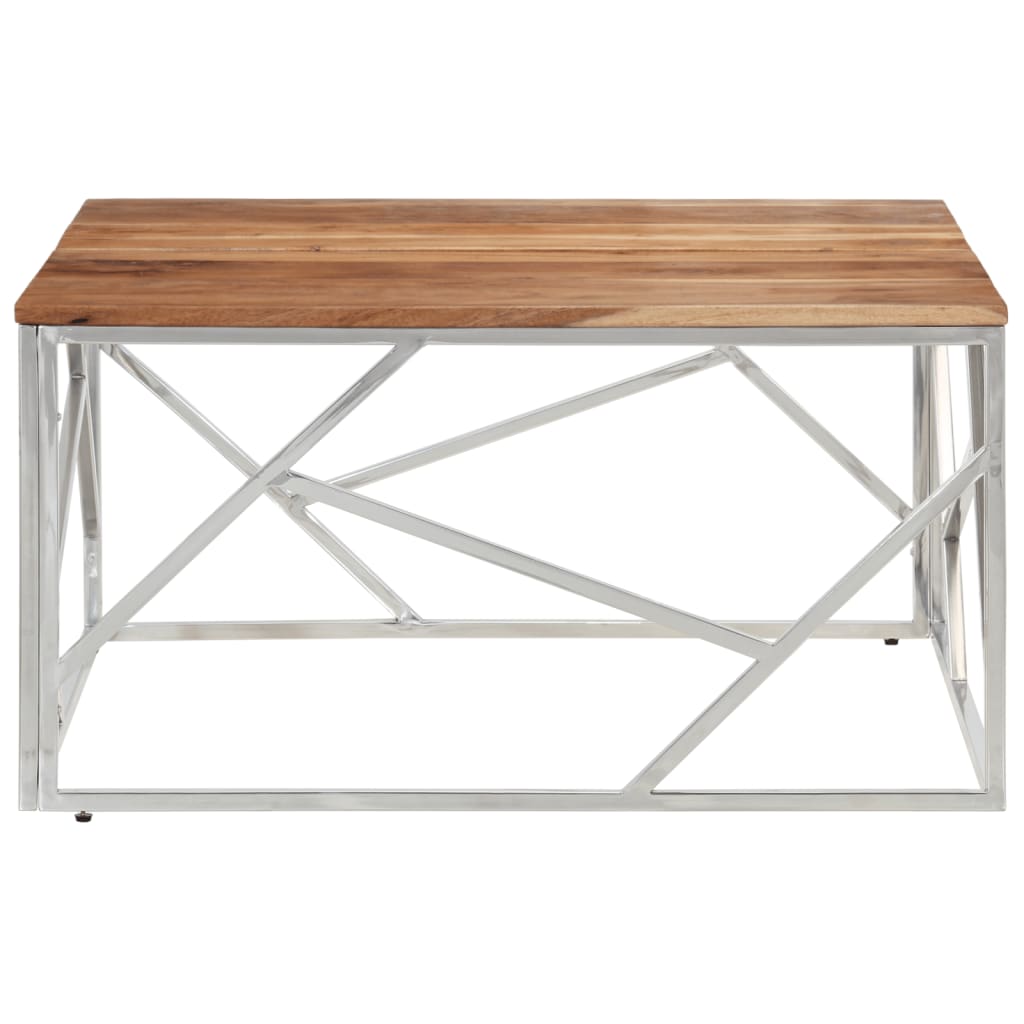 Mesa De Centro Acero Inoxidable Plateado Y Madera Maciza Acacia_1