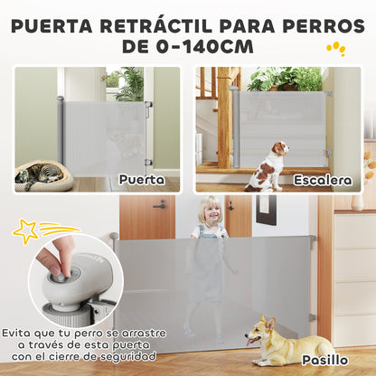 Pawhut Barrera Para Perros Retráctil 0-140 Cm Con Interruptor De Cierre Gris_3