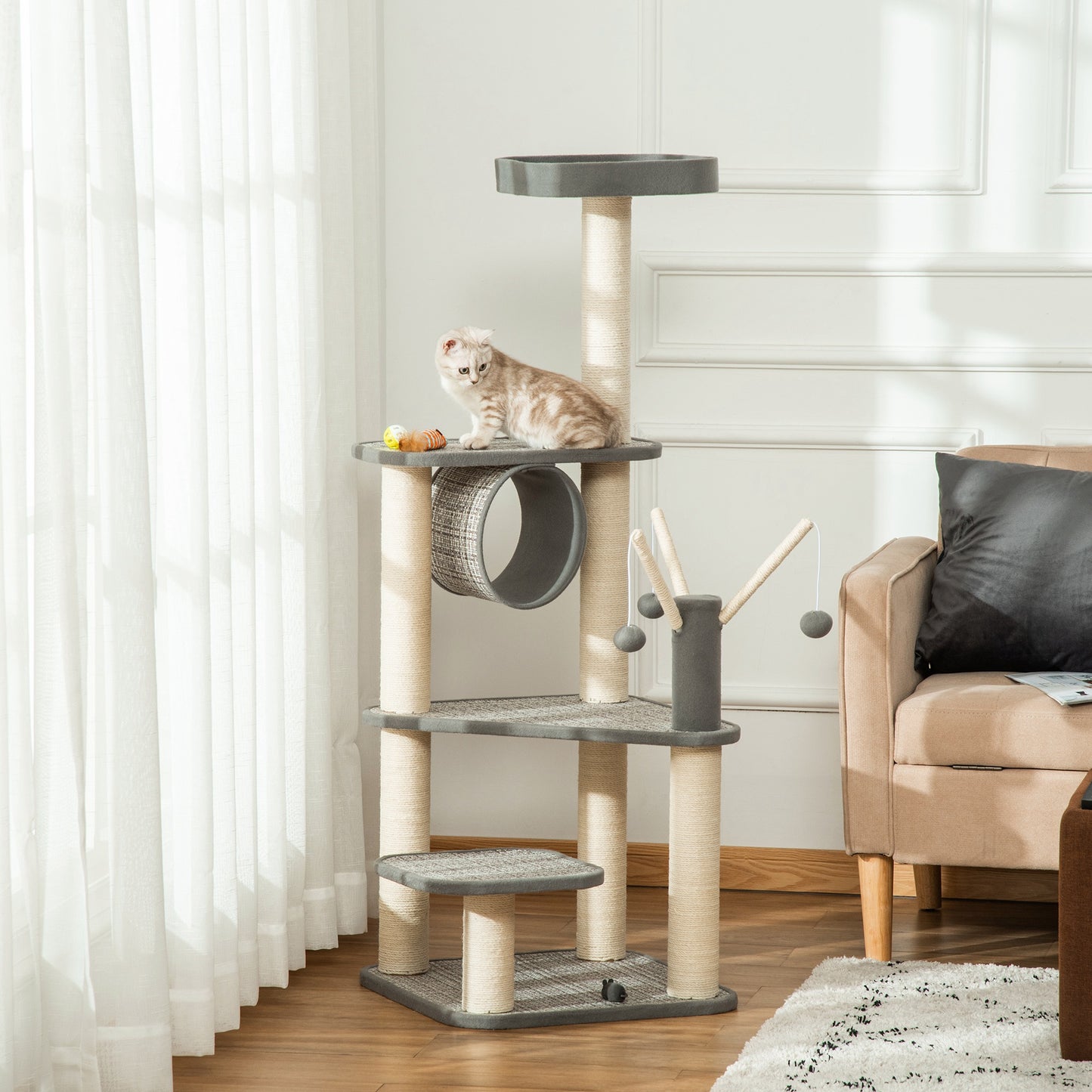Pawhut Árbol Para Gatos 49x49x130cm Con Plataformas Postes Rascadores De Sisal_1