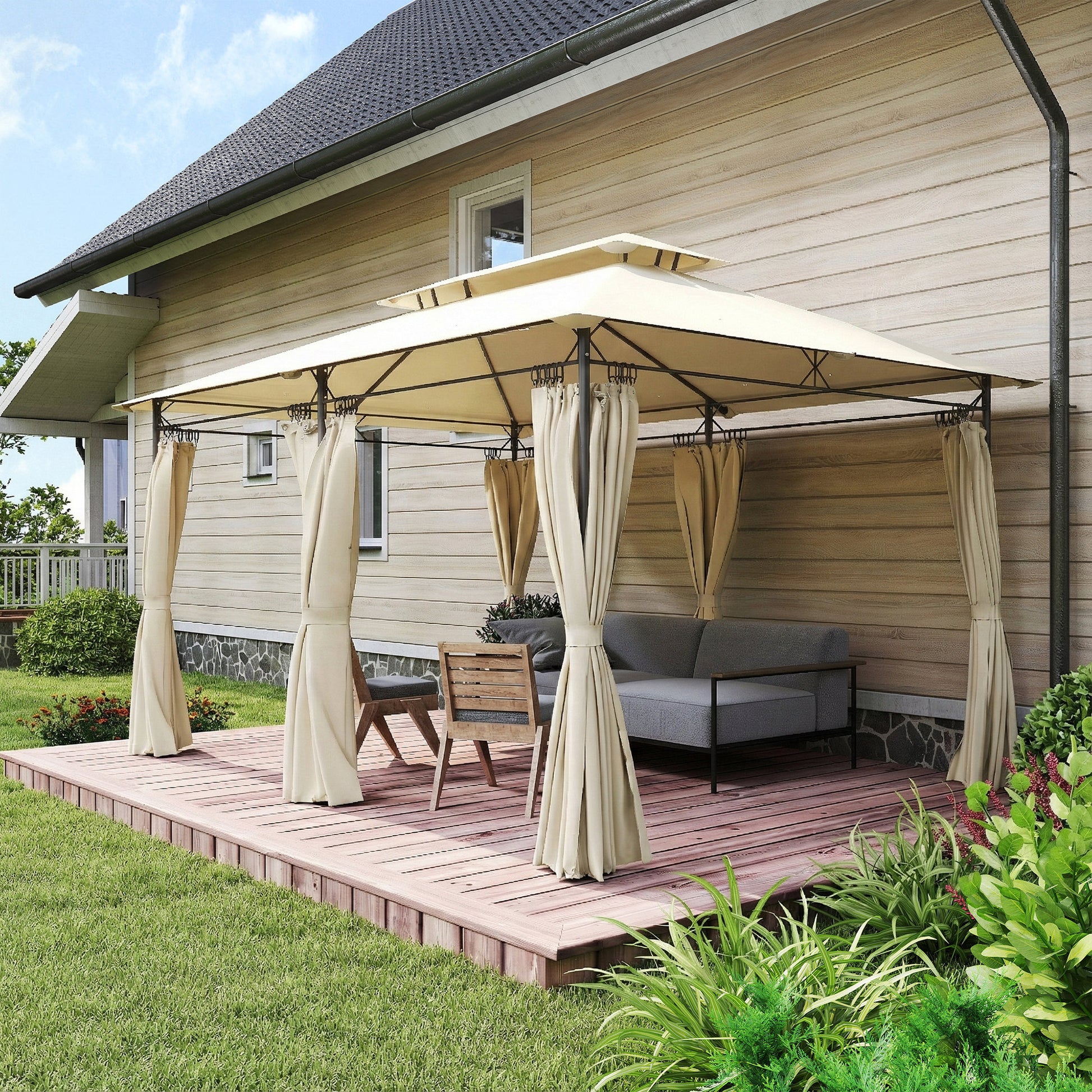 Outsunny Cenador De Jardín 4x3 M Con Doble Techo Paredes Laterales Beige_3