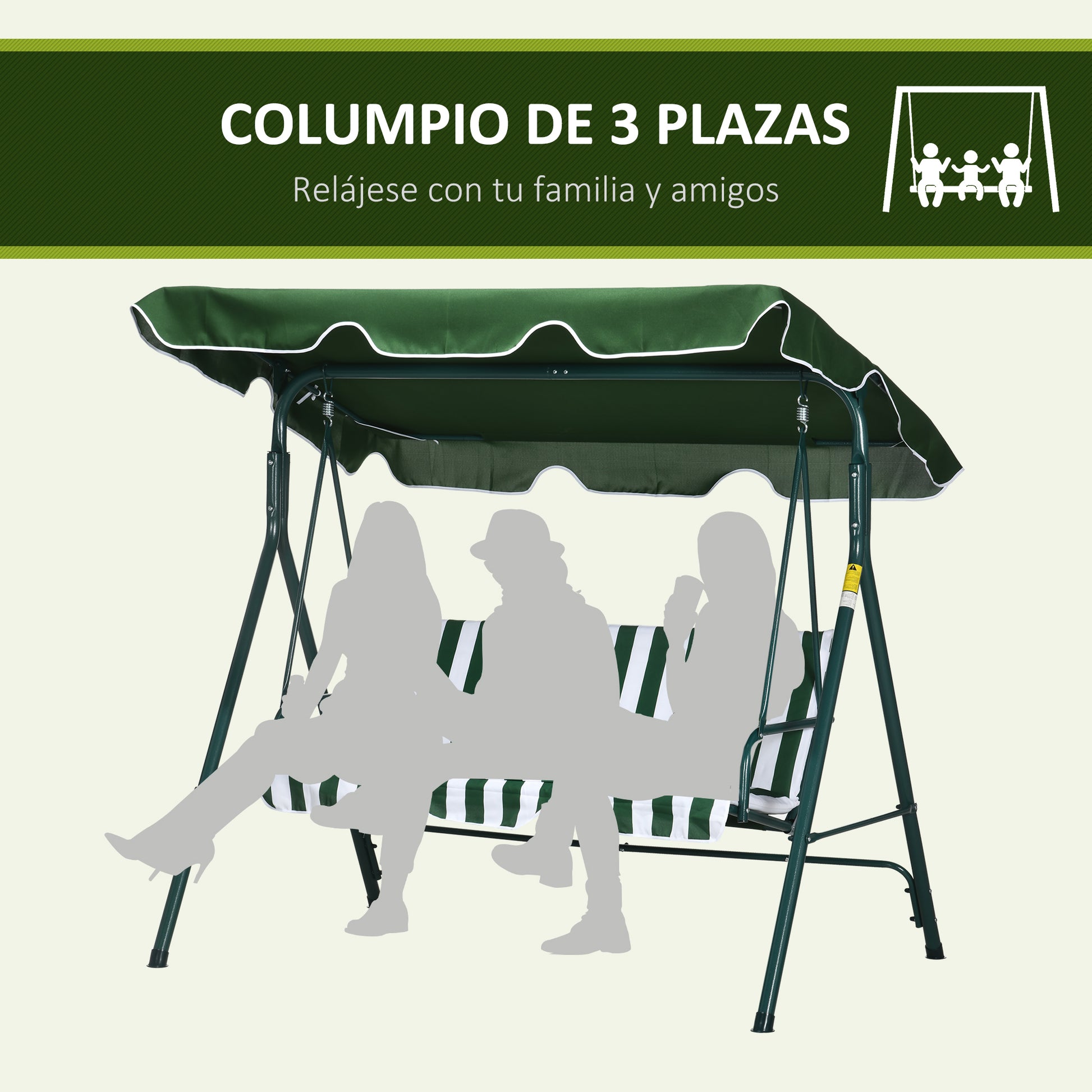 Outsunny Columpio Balancín De Jardín Exterior 3 Plazas 172x110x153 Cm Raya Verde_5