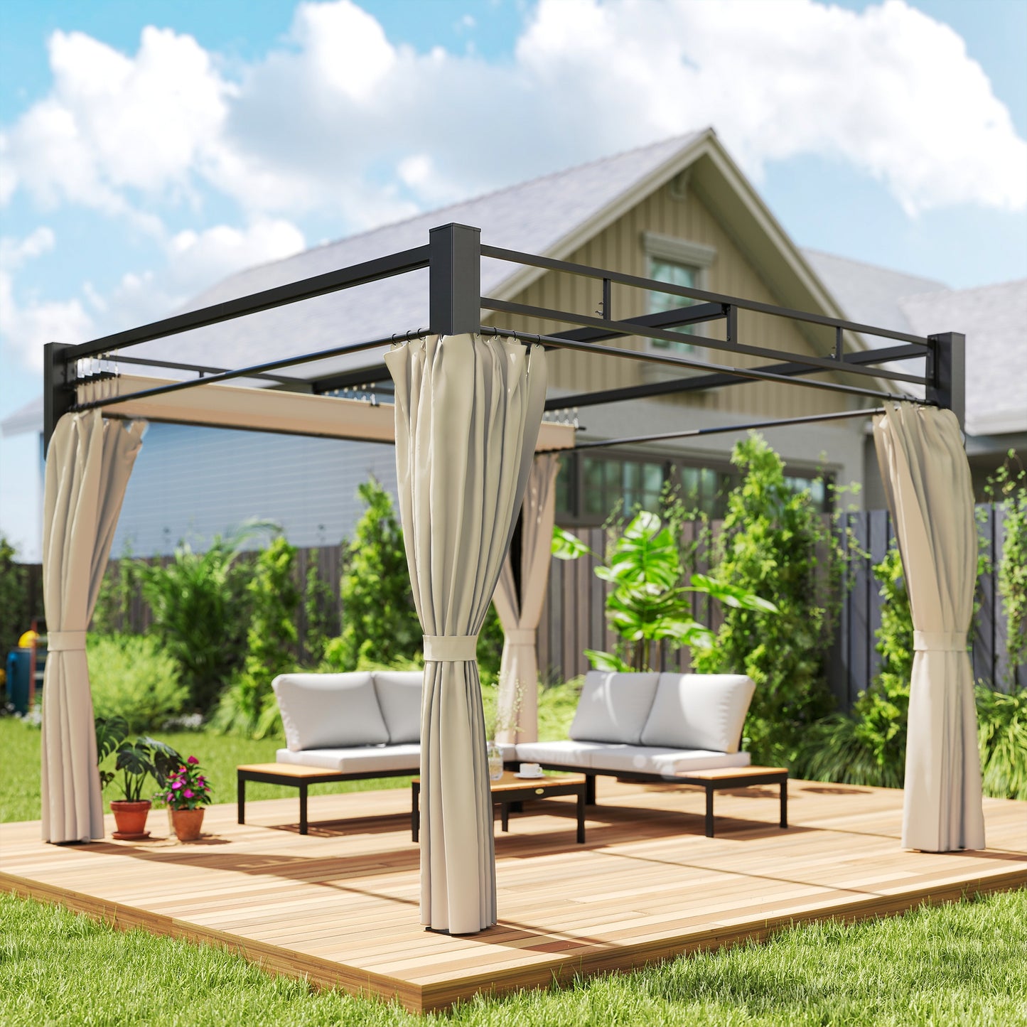 Outsunny Pérgola De Jardín 3x3 M Con Techo Retráctil Y Cortinas Anti-uv Beige_3