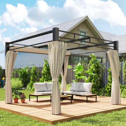 Outsunny Pérgola De Jardín 3x3 M Con Techo Retráctil Y Cortinas Anti-uv Beige_3