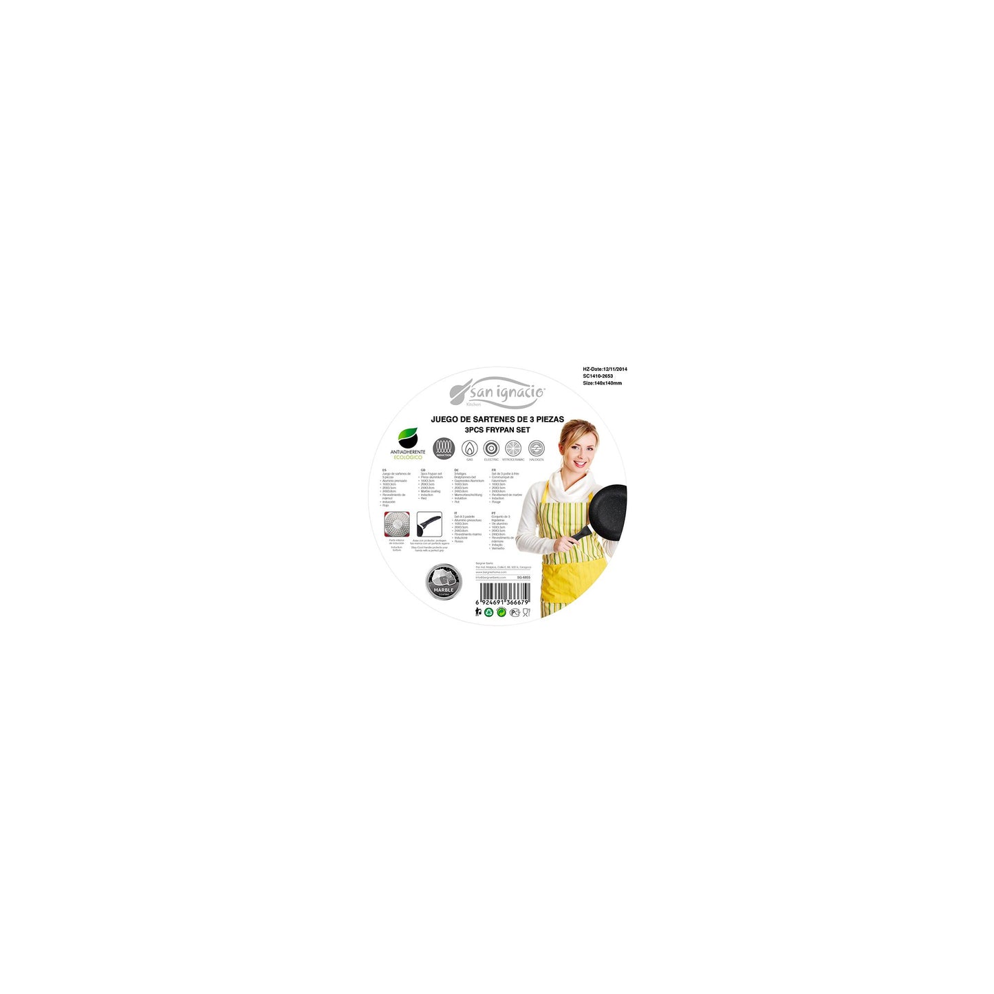 Set De 3 Sartenes san Ignacio Con Revestimiento En Mármol Ø16 Cm Ø20 Cm Ø24 Cm + Tapa Universal En Color, De Vidrio_4